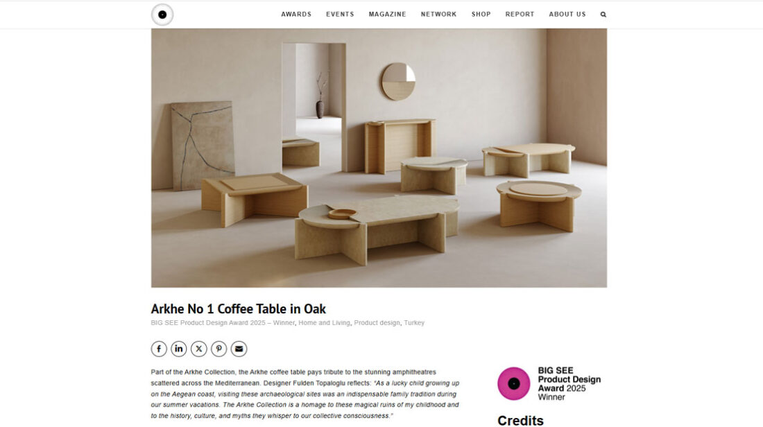 Arkhe No 1 Coffee Table in Oak receives BIG SEE Product Design Award 2025